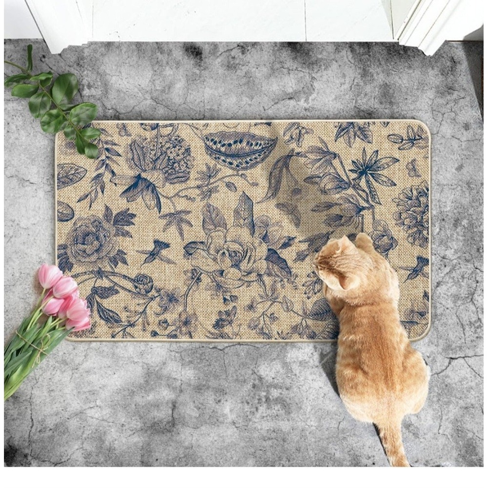 Fade Resistant Floral Rectangle Door Mat 17x29 Beige/Blue Recycled Rubber